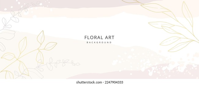 Abstract beige pastel background with hand drawn minimalist branches and leaves. Botanical neutral elegant banner design with golden plant elements. Vector illustration