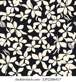 Abstract beige plumeria flowers. On a black background, a seamless pattern