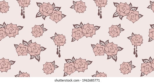 Abstract beige roses with leaves on a pale pink background. Floral endless texture. Vector seamless pattern for wrapping paper, packaging, wrapper, cover, surface texture, website wallpaper and print