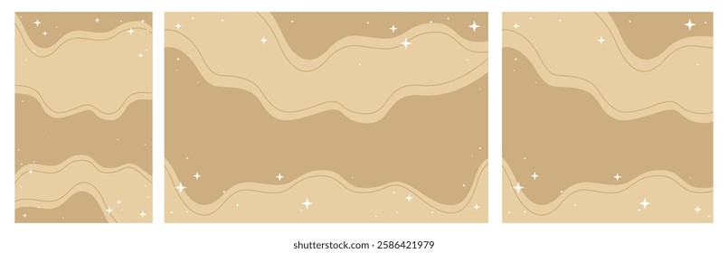 Abstract Beige Sky With Flowing Wavy Shapes and Sparkling Stars, Set of Multiple Vector Design Templates for Social Media
