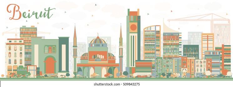 Resumen de Beirut Skyline con Edificios de Color. Ilustración vectorial. Concepto de viajes de negocios y turismo con arquitectura moderna. Imagen de Presentación Placard Banner y Sitio Web.