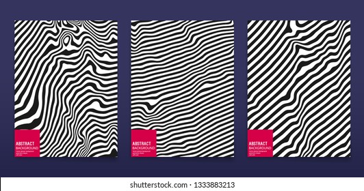 Abstract Bending Black and White Lines on Dark Background. Minimal covers design set