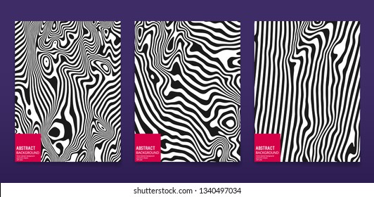 Abstract Bending Black and White Lines on Dark Background. Minimal covers design set