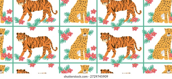Abstractas tigre de bengala y leopardo con flores sin patrón en cuadrado. Lindo animal print en estilo plano de dibujos animados. Ilustración vectorial sobre fondo blanco.