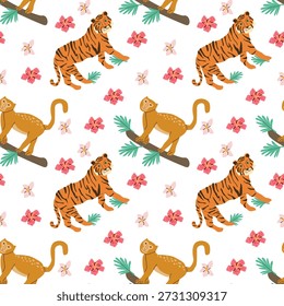 Abstractas tigre de bengala y mono con flores sin patrón. Lindo animal estampado floral en estilo plano de dibujos animados. Ilustración vectorial sobre fondo blanco. Patrón de tigre y macaco en estilo moderno.