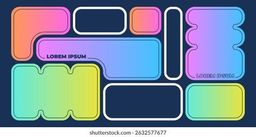 Abstrair formas de grade de bento no plano de fundo preto. Ilustração vetorial contemporânea de quadros de gradiente azul, amarelo, laranja, layout de colagem geométrica, modelo de design da web, banner futurista retro y2k