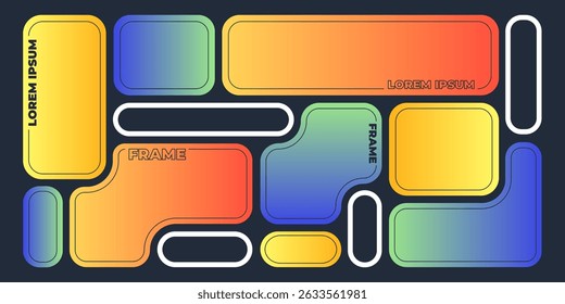 Abstract bento grid shapes on black background. Contemporary vector illustration of blue, yellow, orange gradient frames, geometric collage layout, web design template, y2k retro futuristic banner