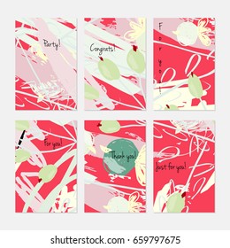 Abstract berries and crayon doodles.Hand drawn creative invitation or greeting cards template. Anniversary, Birthday, wedding, party, social media banners set of 6. Isolated on layer.