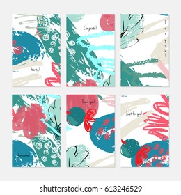 Abstract berries and doodled circles.Hand drawn creative invitation or greeting cards template. Anniversary, Birthday, wedding, party, social media banners set of 6. Isolated on layer.