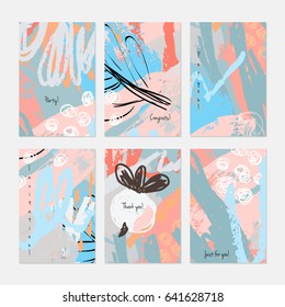 Abstract berries and doodled circles.Hand drawn creative invitation or greeting cards template. Anniversary, Birthday, wedding, party, social media banners set of 6. Isolated on layer.