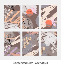 Abstract berries and doodled circles.Hand drawn creative invitation or greeting cards template. Anniversary, Birthday, wedding, party, social media banners set of 6. Isolated on layer.