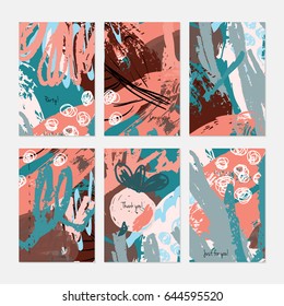 Abstract berries and doodled circles.Hand drawn creative invitation or greeting cards template. Anniversary, Birthday, wedding, party, social media banners set of 6. Isolated on layer.