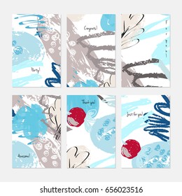 Abstract berries and doodled circles.Hand drawn creative invitation or greeting cards template. Anniversary, Birthday, wedding, party, social media banners set of 6. Isolated on layer.