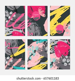 Abstract berries and doodled circles.Hand drawn creative invitation or greeting cards template. Anniversary, Birthday, wedding, party, social media banners set of 6. Isolated on layer.