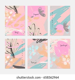 Bayas abstractas y círculos garabateados.Dibujó la plantilla de invitación creativa o tarjetas de felicitación. Aniversario, cumpleaños, boda, fiesta, carteles de medios sociales, conjunto de 6. Aislado en capa.