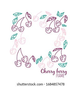 Abstract Berries frame. Hand drawn floral card design with natural elements: cherry and leaves. Spring holiday poster, article scandinavian style design idea, banner template.