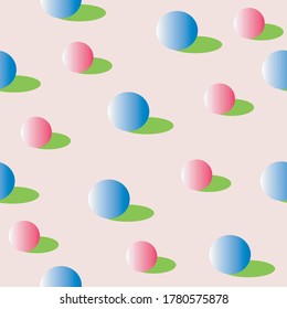 Abstract berries with leaves on a pink background for textiles. Seamless pattern. Dynamic composition of blue and pink volumetric balls.