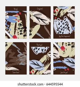 Abstract berries and leaves seasonal.Hand drawn creative invitation or greeting cards template. Anniversary, Birthday, wedding, party, social media banners set of 6. Isolated on layer.