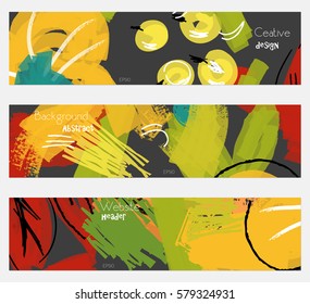 Abstract berries with rough scribbles yellow black banner set.Hand drawn textures creative abstract design. Website header social media advertisement sale brochure templates. Isolated on layer