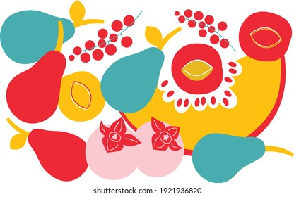 Abstract berries vector illustration. Summer harvest cartoon elements. Banner forest berries, pear, peach, melon. Drawings for poster, card or background. Cartoon flat fruits illustration