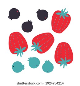 Abstract berries vector illustration. Summer harvest cartoon elements. Banner forest berries raspberry, blueberries in modern style for flyer. Cartoon flat fruits illustration. Berries clip art.