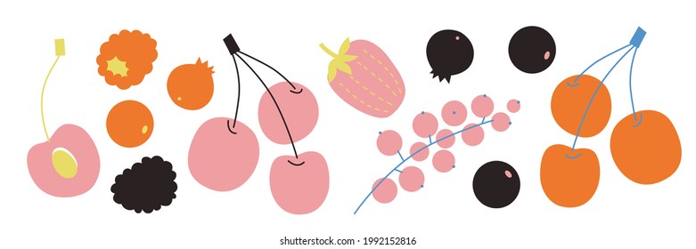 Abstract berries vector illustration. Summer harvest cartoon elements. Banner, cherry, strawberry, currant in modern style for flyer. Cartoon flat fruits illustration. Berries clip art.