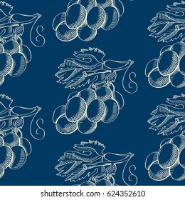 Abstract berry sketch seamless pattern with bunch of ripe grapes and leaves on blue background vector illustration