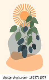 Abstract berry tree branch, sun and simple shapes minimalist boho style pattern background