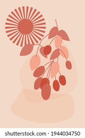 Abstract berry tree branch, sun and simple shapes minimalist boho style pattern background