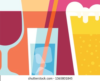 Abstract beverages design in flat cut out style. glasses of red wine, beer and mineral water. Vector illustration.