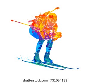 Biatleta abstracta de salpicaduras de acuarelas. Ilustración vectorial de pinturas.