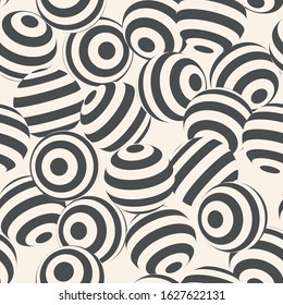 Abstract bicolor geometric seamless pattern of chaotically scattered striped balls. Vector illustration.