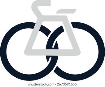 Abstract bicycle mark with heavy circular wheels and a simplified triangular frame rendered in gray on white.