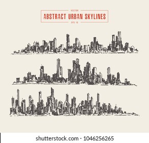 Abstract big city skyline, urban horizon, hand drawn vector illustration