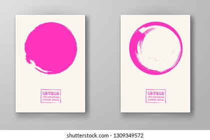Abstract big color grunge circle on white background set. Brochure, banner, poster design. Sealed with decorative red stamp. Stylized symbol of Japan. Vector illustration.