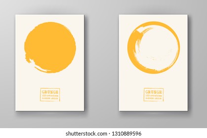 Abstract big color grunge circle on white background set. Brochure, banner, poster design. Sealed with decorative red stamp. Stylized symbol of Japan. Vector illustration.