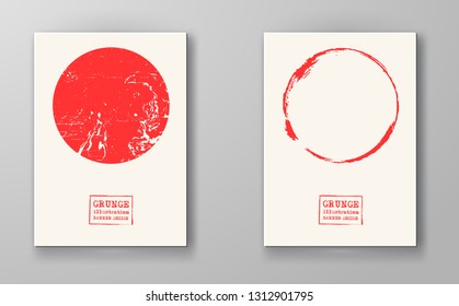 Abstract big color grunge circle on white background set. Brochure, banner, poster design. Sealed with decorative red stamp. Stylized symbol of Japan. Vector illustration.