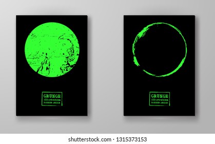 Abstract big color grunge circle on black background set. Brochure, banner, poster design. Sealed with decorative red stamp. Stylized symbol of Japan. Vector illustration.