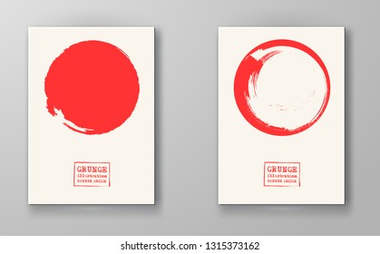 Abstract big color grunge circle on white background set. Brochure, banner, poster design. Sealed with decorative red stamp. Stylized symbol of Japan. Vector illustration.