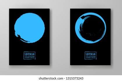 Abstract big color grunge circle on black background set. Brochure, banner, poster design. Sealed with decorative red stamp. Stylized symbol of Japan. Vector illustration.