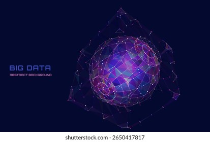Abstract big data 3D digital cubes connecting dots on data sphere in system net. Quantum computing concept on dark background. Artificial intelligence design. Blockchain from boxes сoncept.