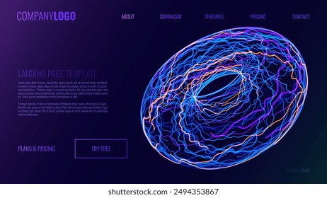 Abstract Big Data 3D Torus Flow Lines Futuristic Design of Tech Web Landing Page. Geometric Dynamic Website Design. Vector Illustration. 