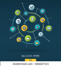 Abstract big data analytics background. Digital connect system with integrated circles, flat icons. Network interact interface concept. Storage center, bigdata vector infographic illustration