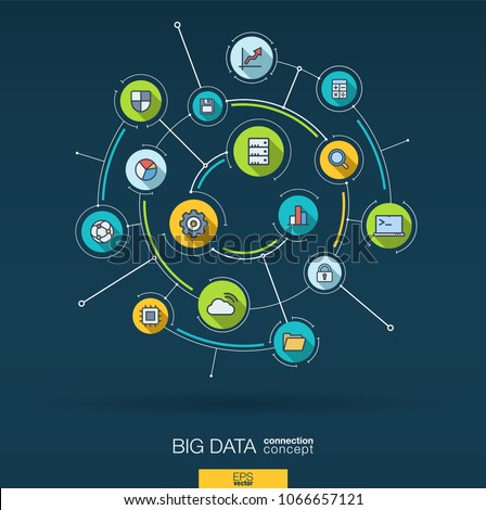 Abstract big data analytics background. Digital connect system with integrated circles, flat icons. Network interact interface concept. Storage center, bigdata vector infographic illustration