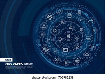 Abstract big data background. Digital connect system with integrated circles, glowing thin line icons. Virtual, augmented reality interface concept. Vector future infographic illustration