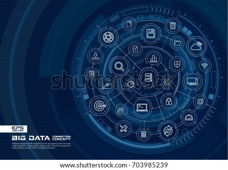Abstract big data background. Digital connect system with integrated circles, glowing thin line icons. Virtual, augmented reality interface concept. Vector future infographic illustration