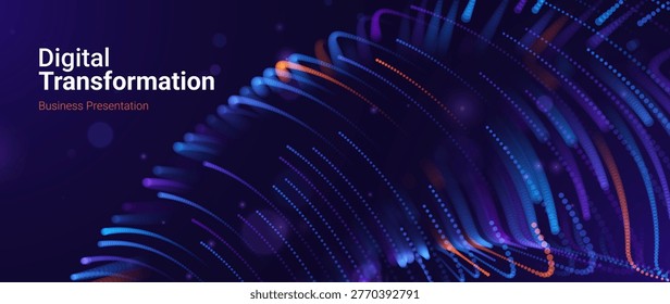 Abstract Big Data Background with Neon Flowing Lines and Digital Particle Waves. Technology Concept for Data Analytics, Digital Transformation and Intelligent Computing Systems. Vector Illustration.