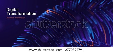 Abstract Big Data Background with Neon Flowing Lines and Digital Particle Waves. Technology Concept for Data Analytics, Digital Transformation and Intelligent Computing Systems. Vector Illustration.
