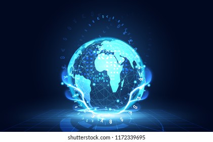 Abstract Big data Communication Technology global digital cryptocurrency Concept Global Blockchain, World information, web internet, money transfer, Bitcoin and Stock Exchange .vector illustration 