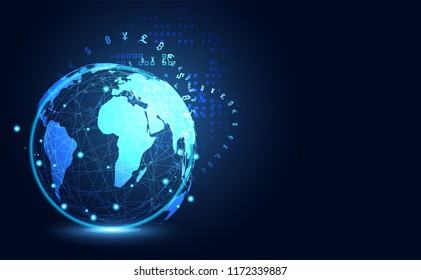 Abstract Big data Communication Technology global digital cryptocurrency Concept Global Blockchain, World information, web internet, money transfer, Bitcoin and Stock Exchange .vector illustration 